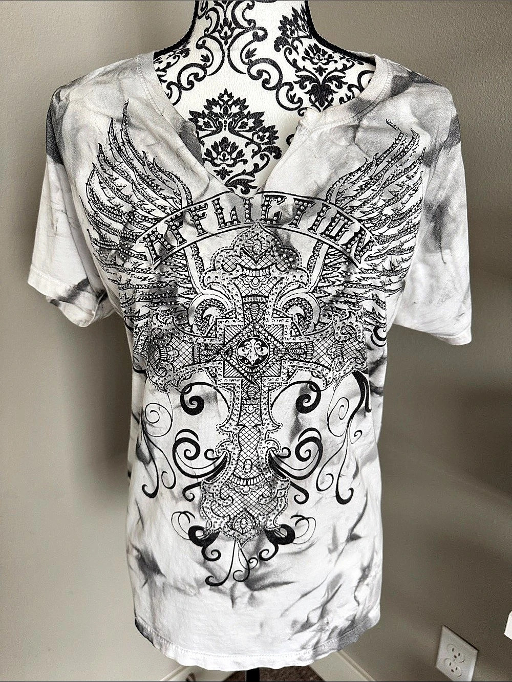 Affliction Braided Back Rhinestone Cross Tee White & Black xl